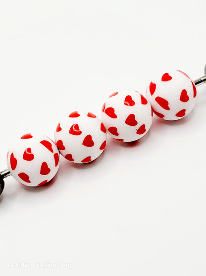 15mm Printed Valentine Red Heart Silicone Bead – Heart Print Round Beads for Pens & Wristlets