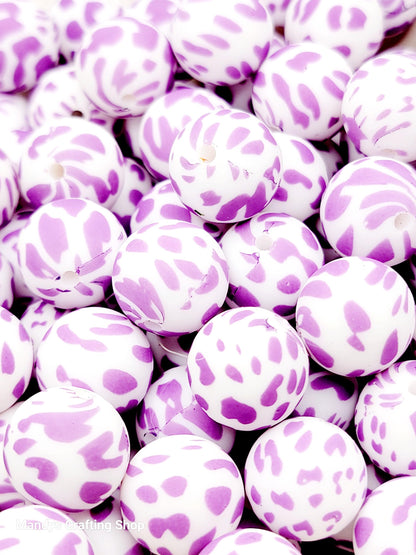 15mm Printed Purple Cow Print Silicone Bead – Animal Print Theme Spacer Beads for Pens & Wristlets