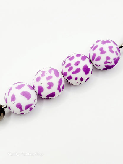 15mm Printed Purple Cow Print Silicone Bead – Animal Print Theme Spacer Beads for Pens & Wristlets
