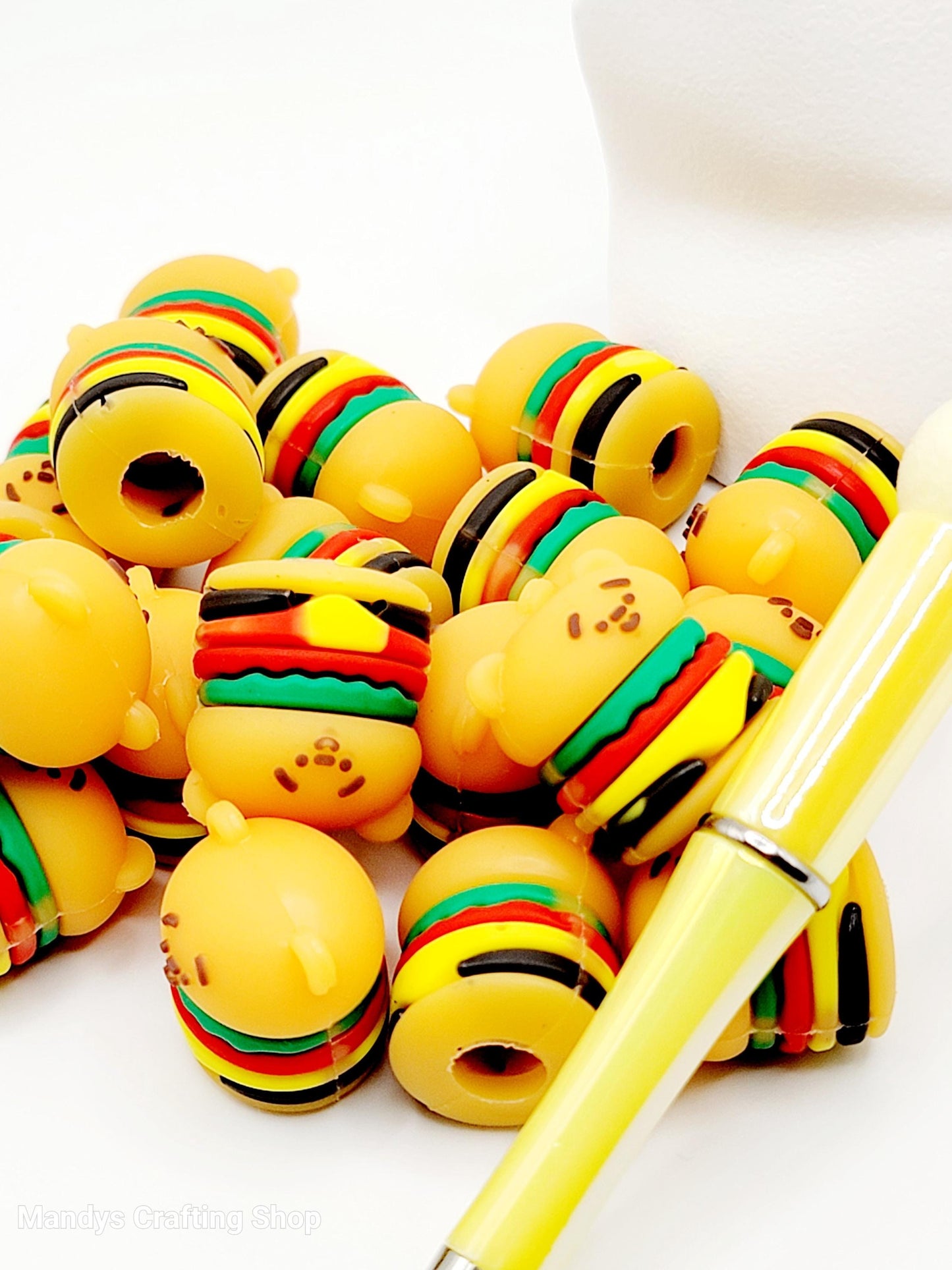 SET OF 2, Cute Hamburger Pen Topper, Hamburger Pencil Topper, PVC Focal Pen Topper, Beadable Pen  Character Topper, Beadable Pen Accessories