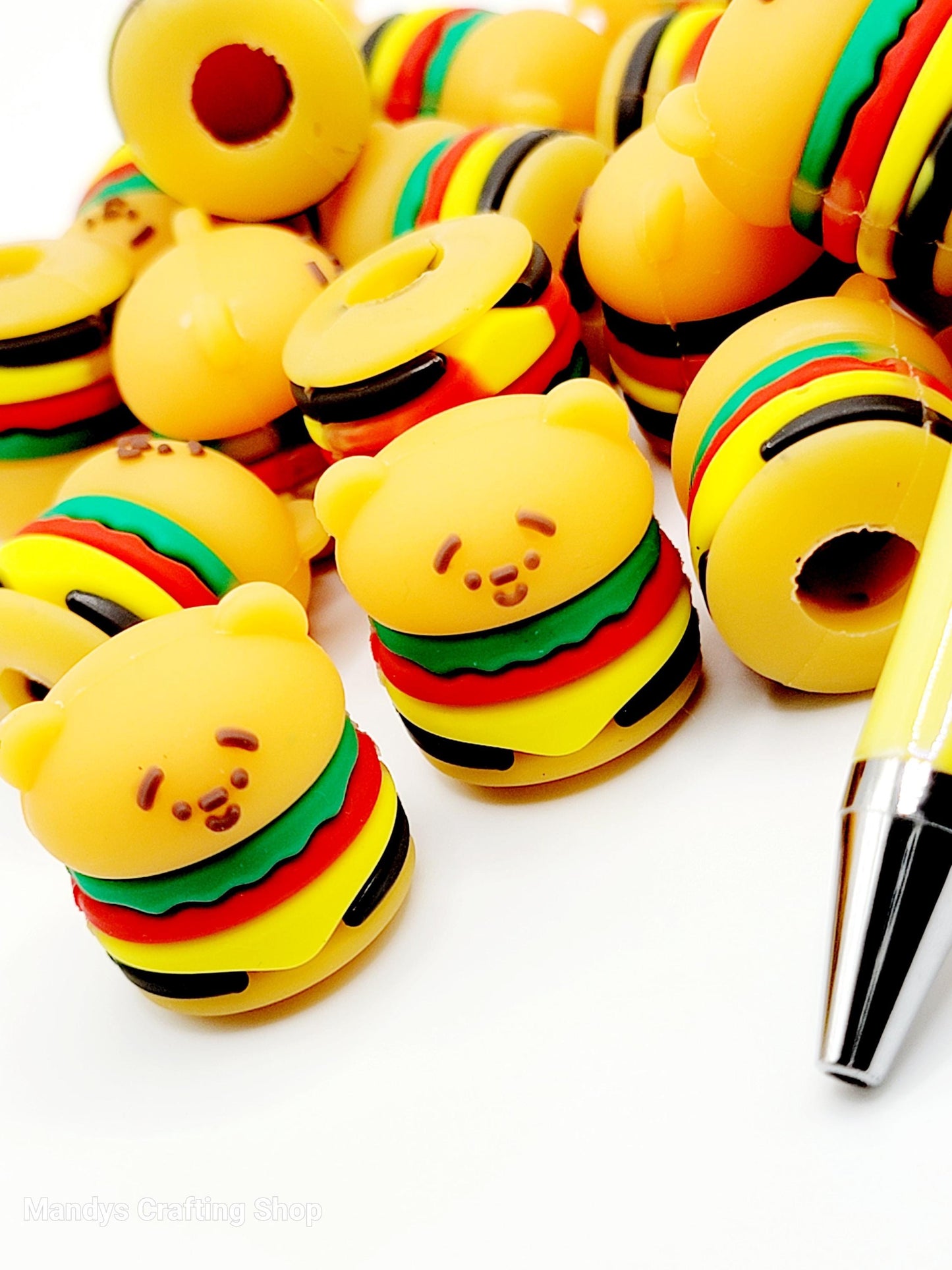 SET OF 2, Cute Hamburger Pen Topper, Hamburger Pencil Topper, PVC Focal Pen Topper, Beadable Pen  Character Topper, Beadable Pen Accessories