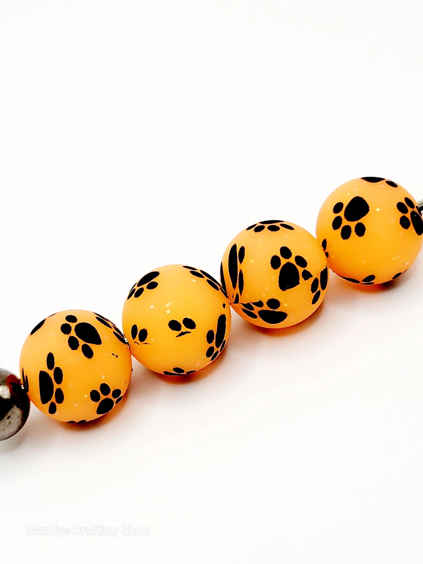 15mm Printed Orange Glitter Paw Print Silicone Bead – Round Pet Beads for Pens & Wristlets