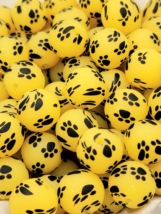 15mm Printed Yellow Glitter Paw Print Silicone Bead – Round Sparkle Pet Beads for Pens & Wristlets