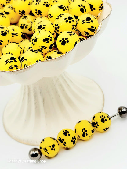 15mm Printed Yellow Glitter Paw Print Silicone Bead – Round Sparkle Pet Beads for Pens & Wristlets