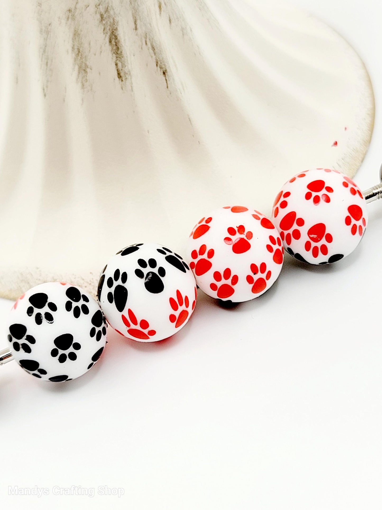 15mm Printed Red & Black Paw Print Silicone Beads –  Dog Paw Print Round Beads for Pens & Wristlets