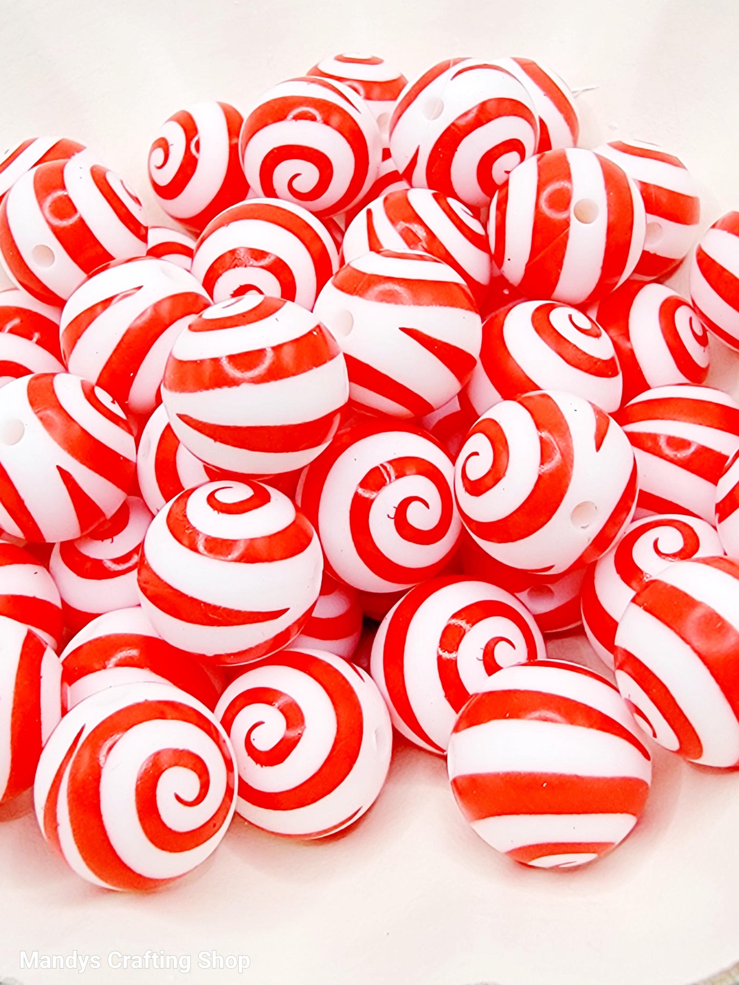15mm Printed Red & White Swirl Print Silicone Beads – Christmas Round Beads for Pens & Wristlets
