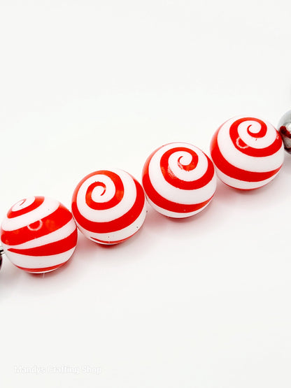 15mm Printed Red & White Swirl Print Silicone Beads – Christmas Round Beads for Pens & Wristlets