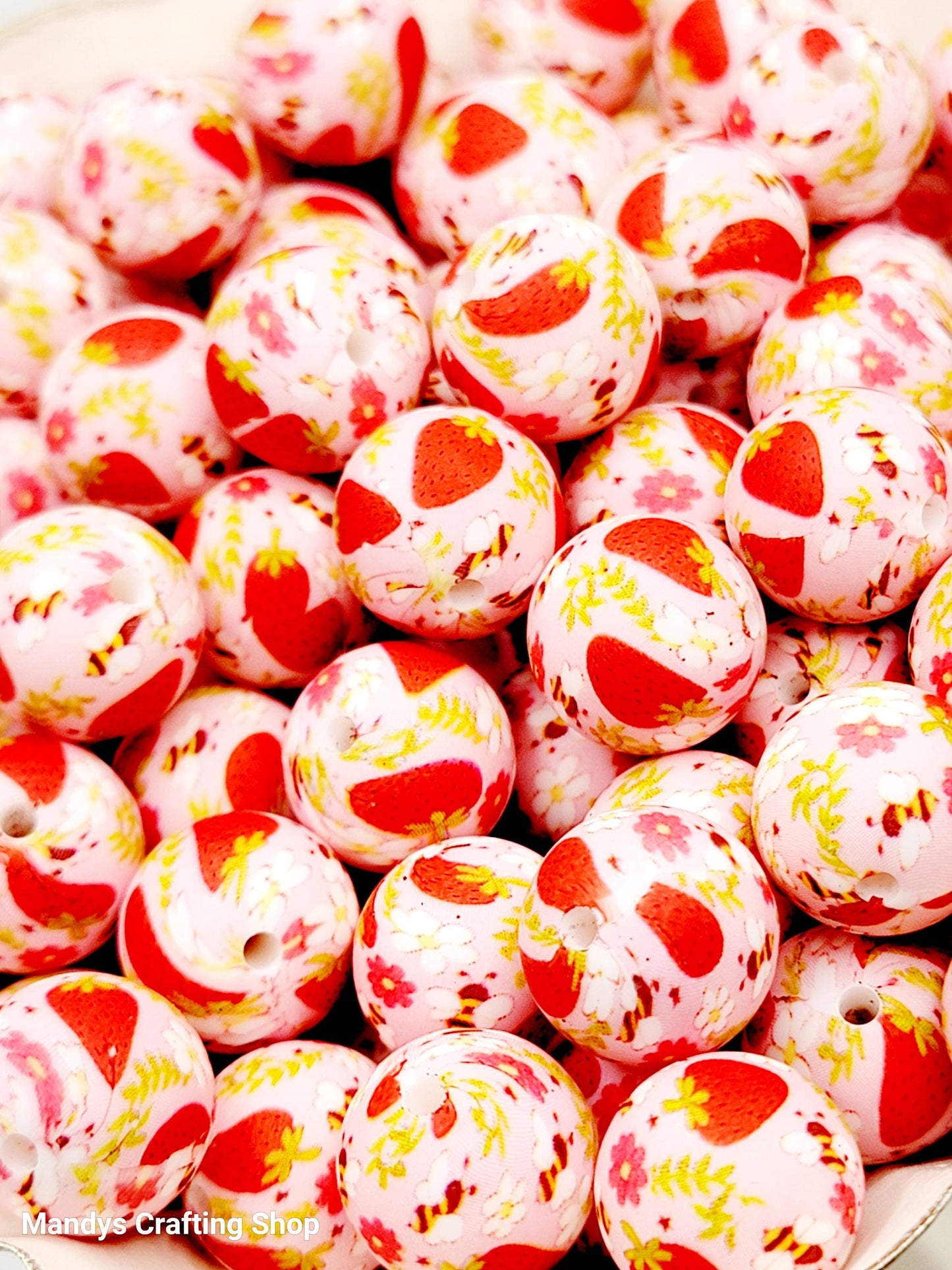 15mm Printed Strawberry Garden Print Silicone Beads – Fruit Round Beads for Pens & Wristlets