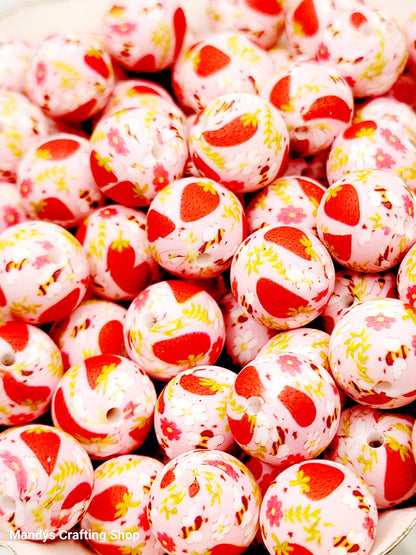 15mm Printed Strawberry Garden Print Silicone Beads – Fruit Round Beads for Pens & Wristlets