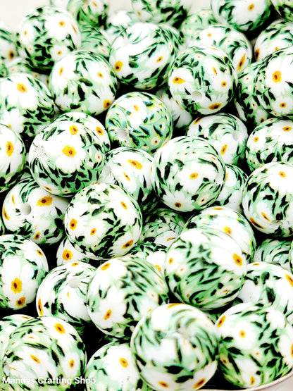 15mm Printed Green & White Floral Print Silicone Bead – Floral Round Beads for Pens & Wristlets