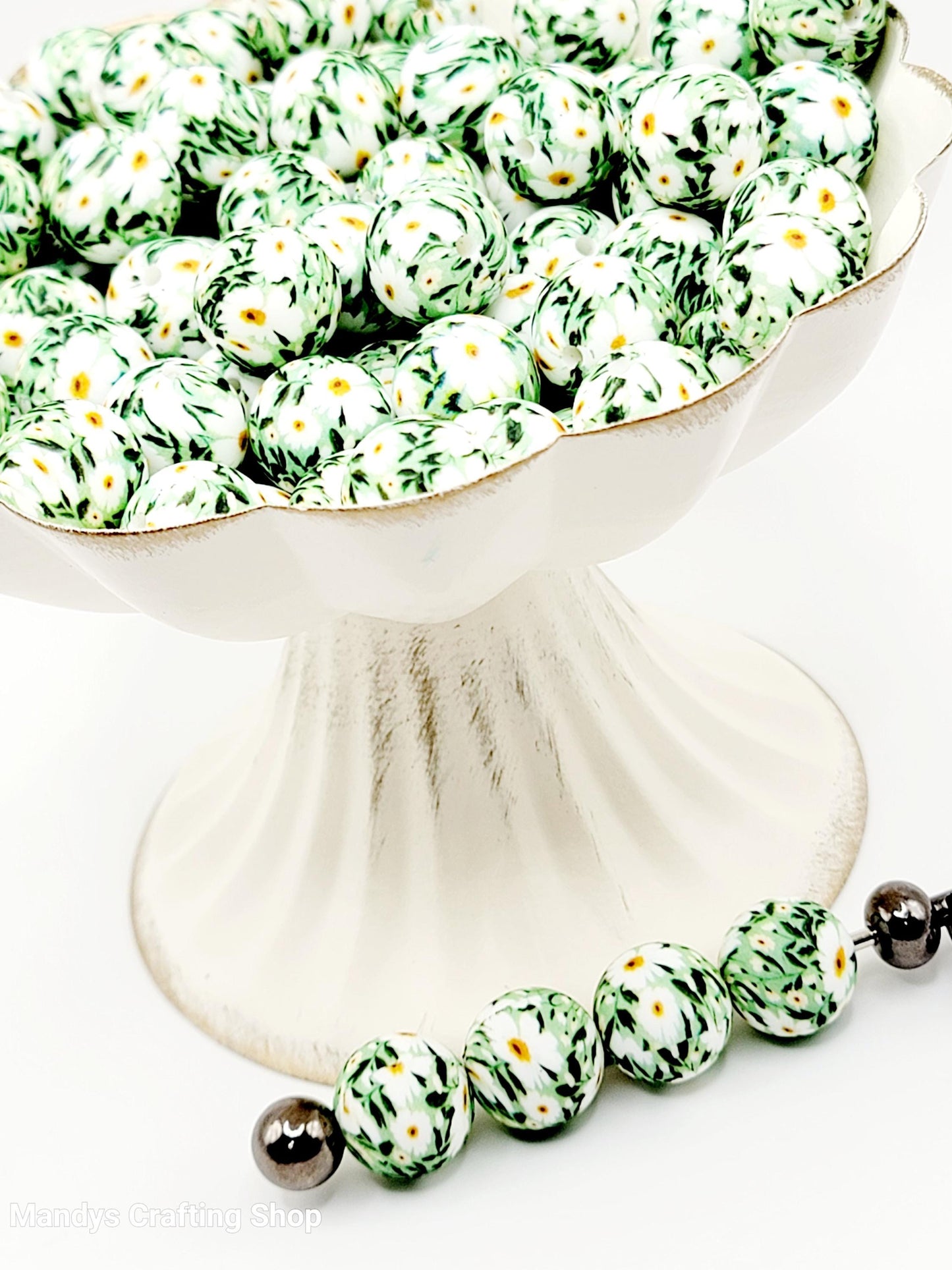 15mm Printed Green & White Floral Print Silicone Bead – Floral Round Beads for Pens & Wristlets