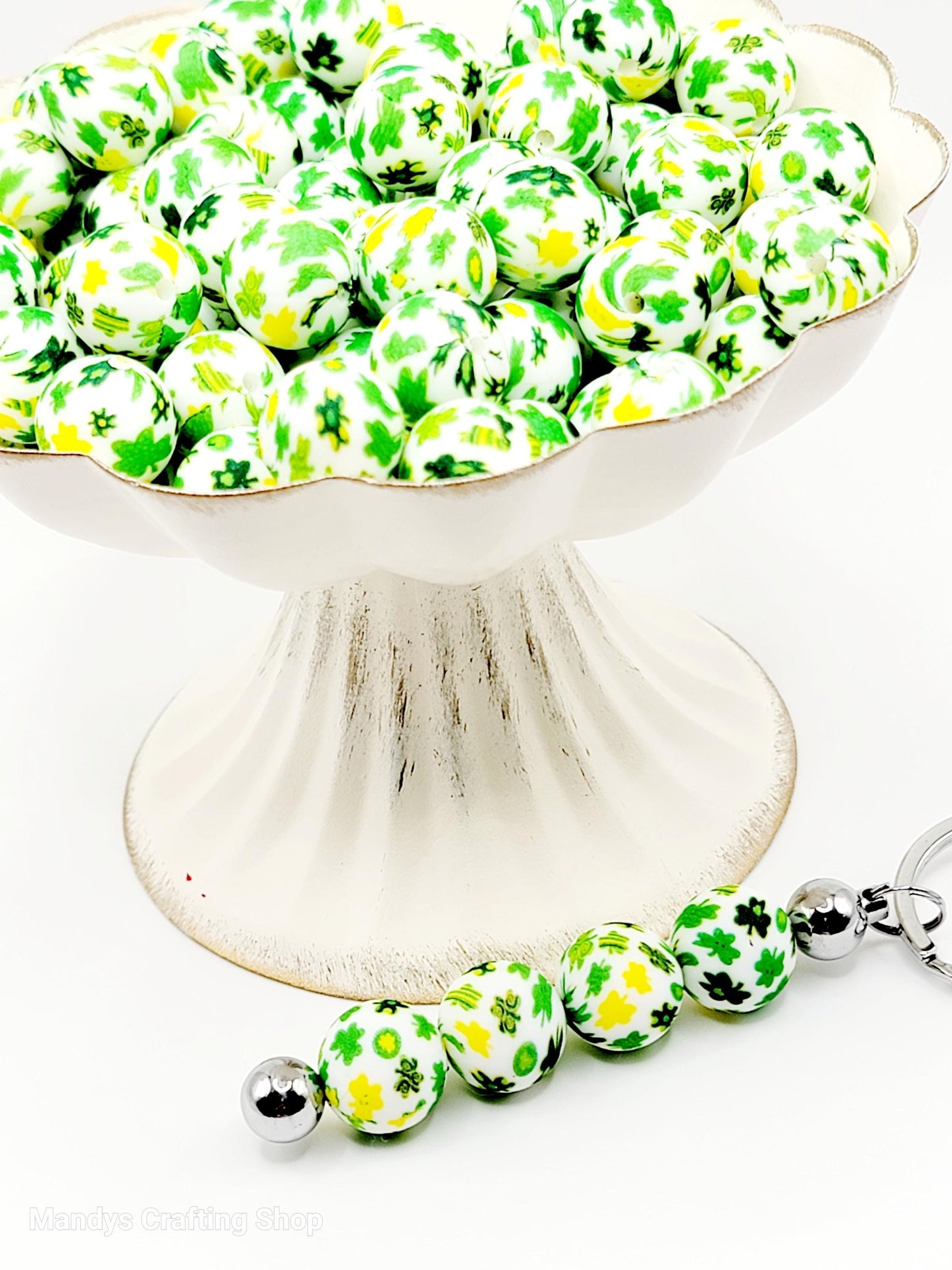 15mm Printed St. Patrick’s Day Shamrock Silicone Bead – Green & Gold Clover Round Beads for Pens & Wristlets