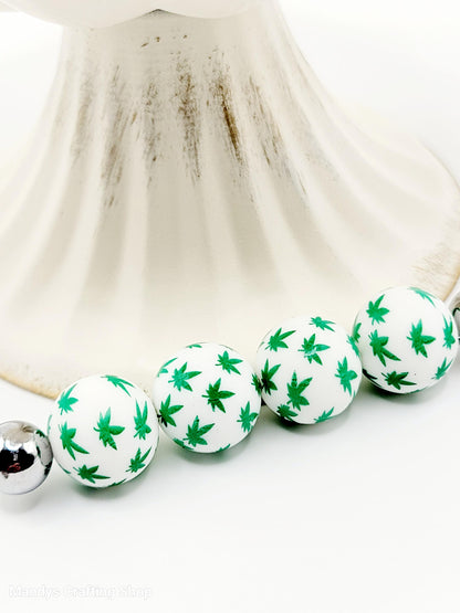 15mm Printed White & Green Weed Leaf Silicone Bead – Cannabis Print Round Beads for Pens & Wristlets