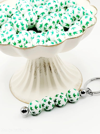 15mm Printed White & Green Weed Leaf Silicone Bead – Cannabis Print Round Beads for Pens & Wristlets