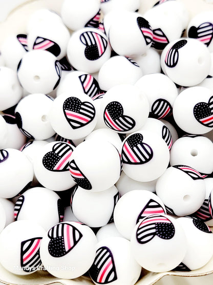 15mm Printed Firefighter Flag Heart Silicone Bead – Thin Red Line Round Beads for Pens & Crafts