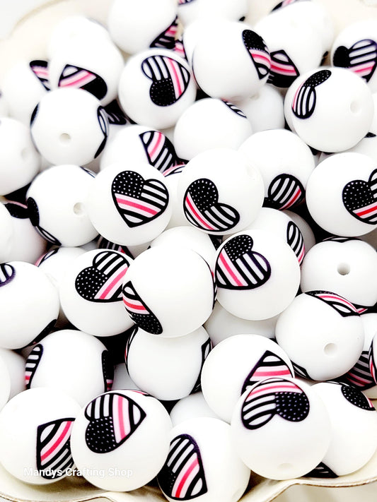 15mm Printed Firefighter Flag Heart Silicone Bead – Thin Red Line Round Beads for Pens & Crafts