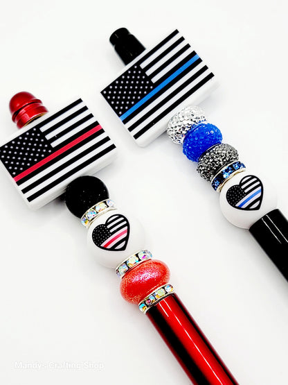 15mm Printed Firefighter Flag Heart Silicone Bead – Thin Red Line Round Beads for Pens & Crafts