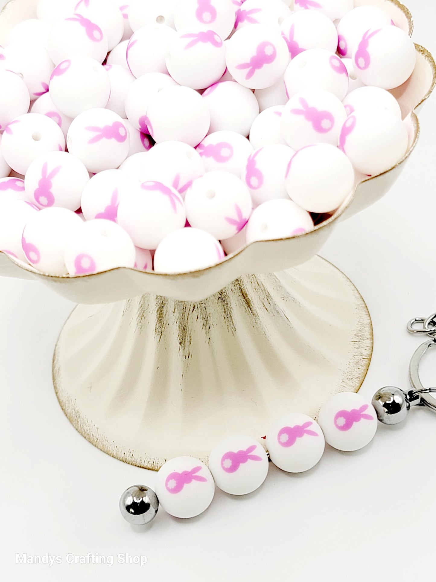 15mm Printed Pink Easter Bunny Silicone Bead – Bunny Rabbit Round Beads for Pens & DIY Crafts