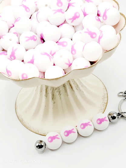 15mm Printed Pink Easter Bunny Silicone Bead – Bunny Rabbit Round Beads for Pens & DIY Crafts
