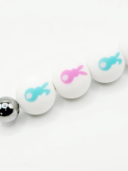 15mm Printed Pink Easter Bunny Silicone Bead – Bunny Rabbit Round Beads for Pens & DIY Crafts