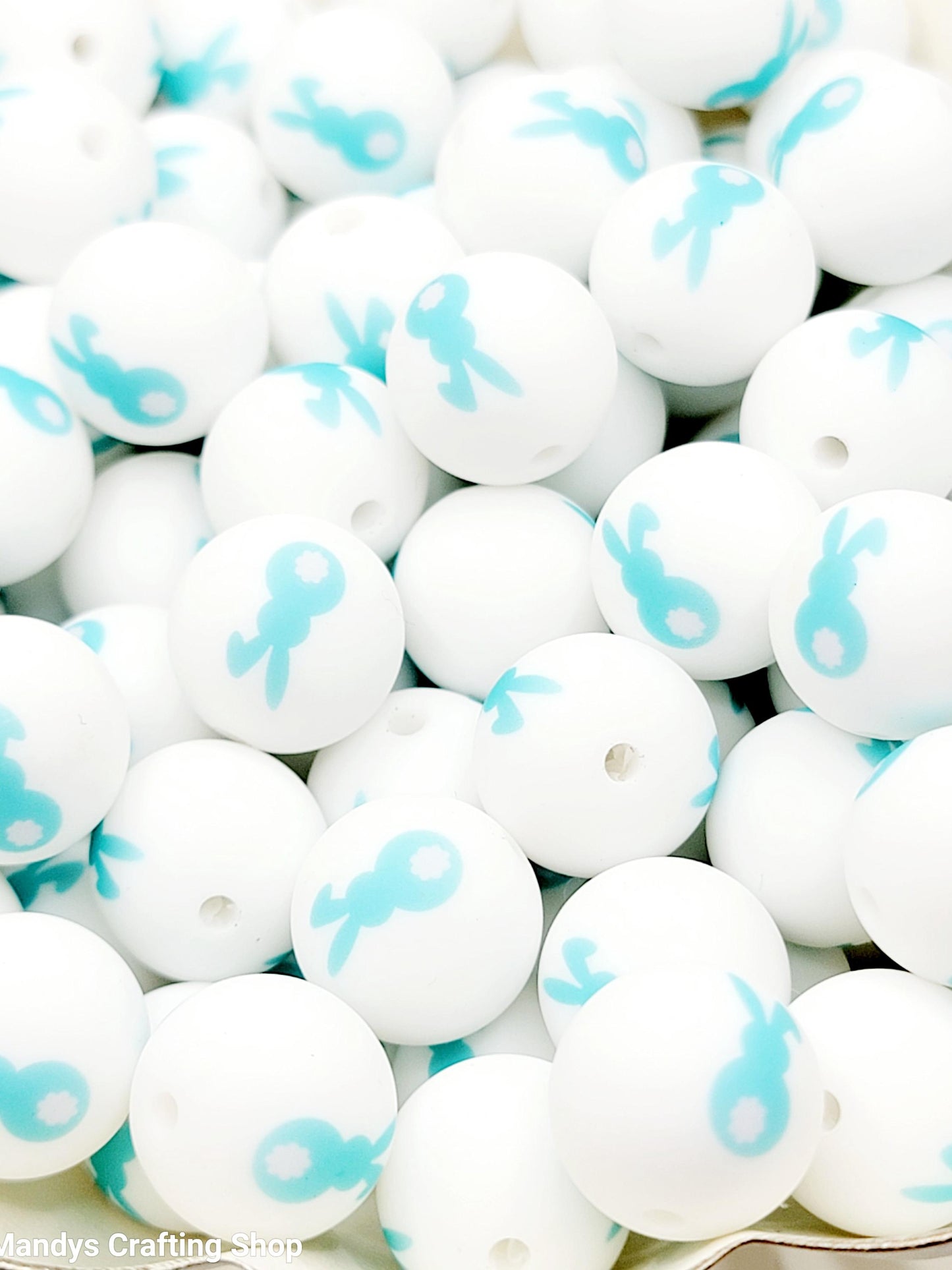15mm Printed Blue Easter Bunny Silicone Bead – Rabbit Round Beads for Pens & DIY Crafts
