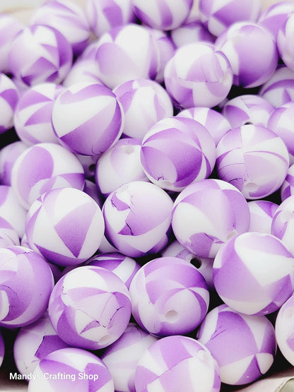 15mm Printed Purple & White Swirl Print Silicone Bead – Round Spacer Beads for Pens & Wristlets