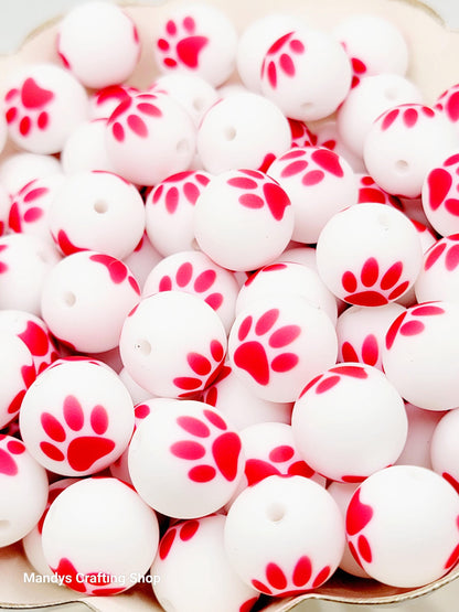 15mm Printed White & Red Paw Print Silicone Beads – Round Dog Paw Beads for Pens & Wristlets