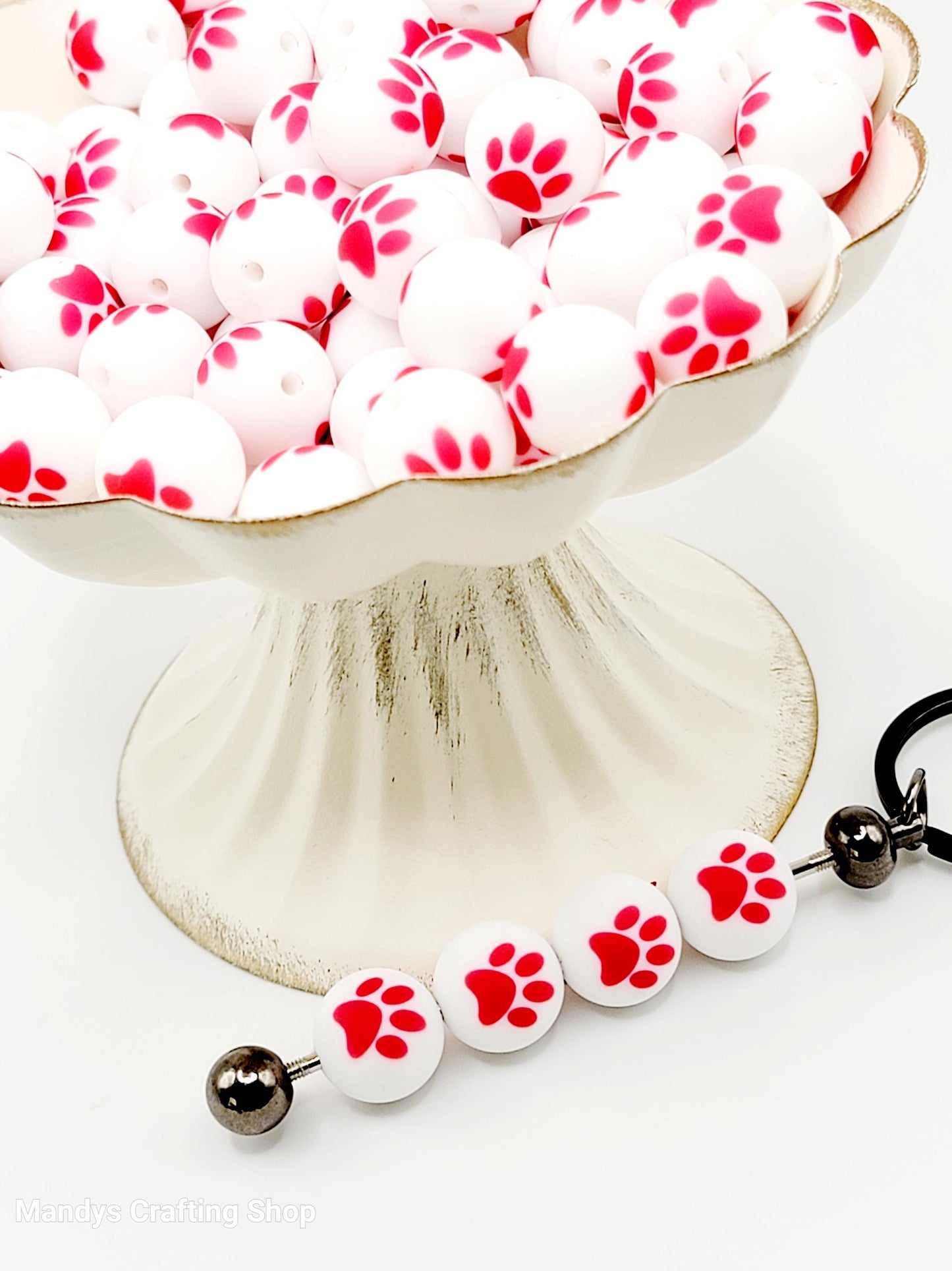 15mm Printed White & Red Paw Print Silicone Beads – Round Dog Paw Beads for Pens & Wristlets