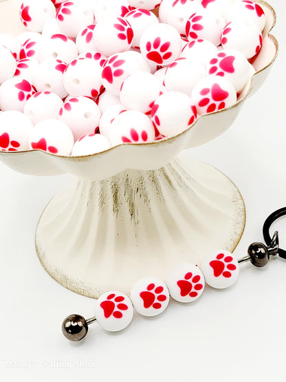 15mm Printed White & Red Paw Print Silicone Beads – Round Dog Paw Beads for Pens & Wristlets