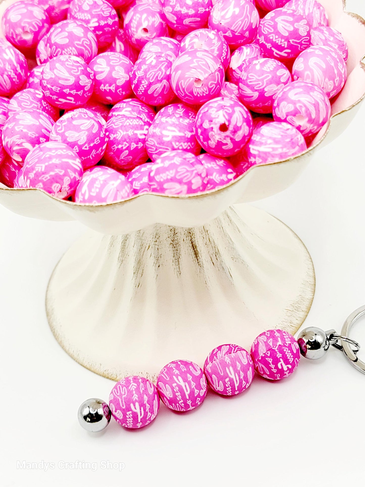 15mm Printed Pink Desert Cactus Print Silicone Bead – Western Round Beads for Pens & Wristlets