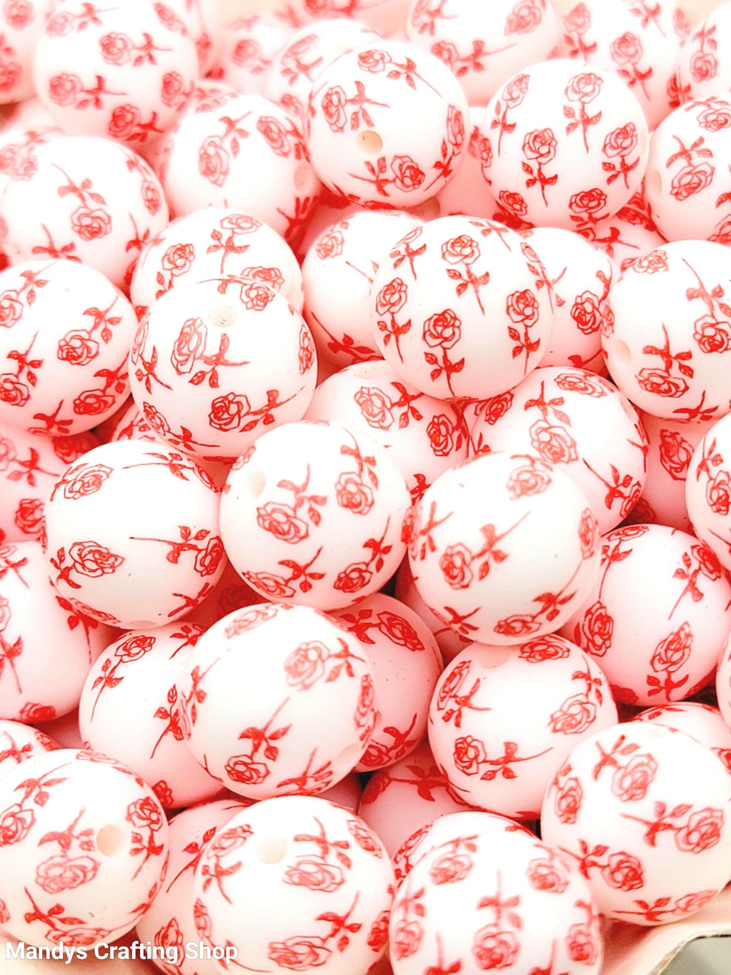 15mm Printed Red Rose Garden Print Silicone Bead – 15mm Valentine’s Day Floral Beads for Pens & Wristlets