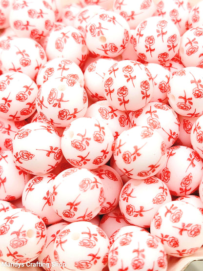 15mm Printed Red Rose Garden Print Silicone Bead – 15mm Valentine’s Day Floral Beads for Pens & Wristlets