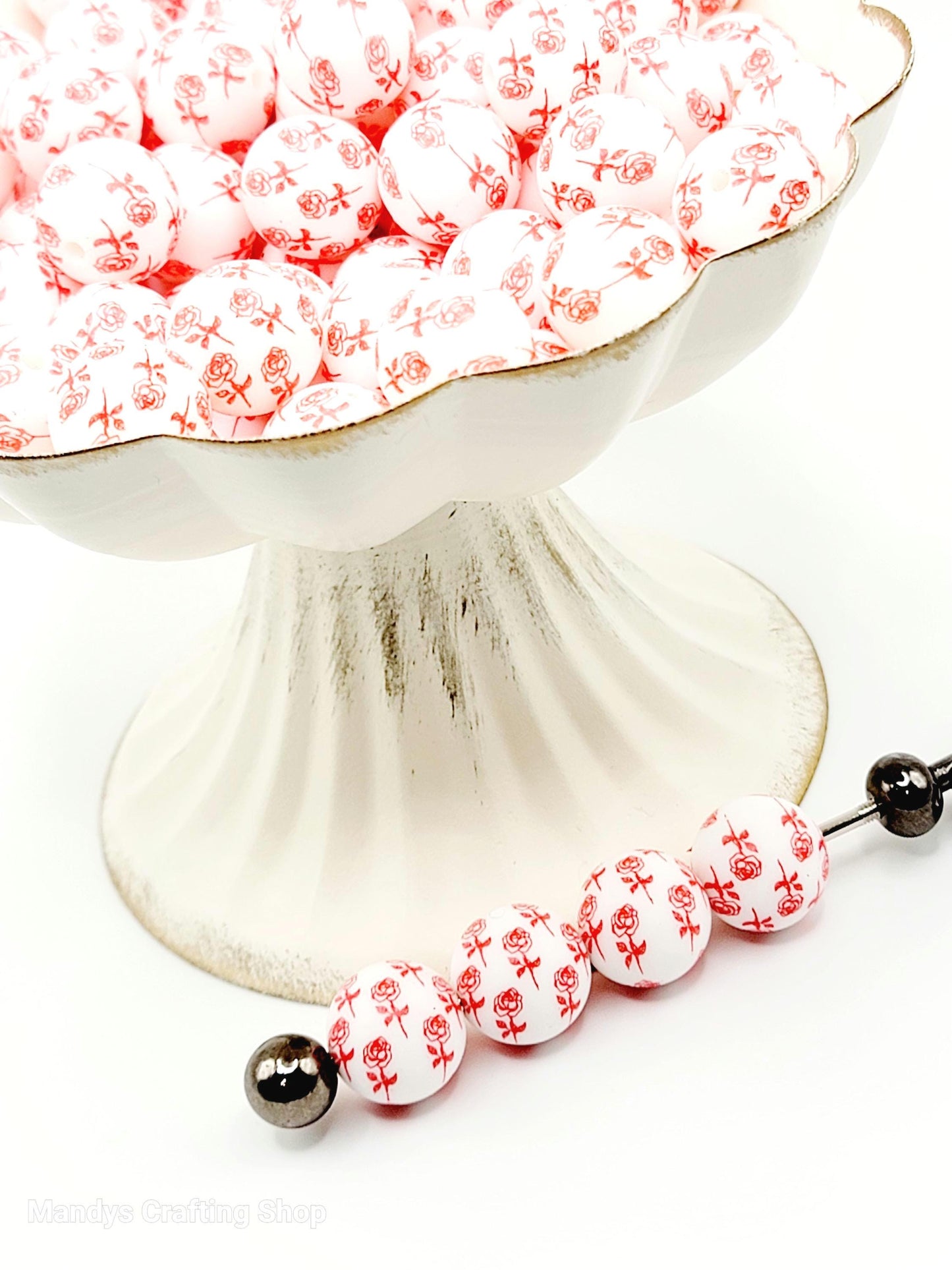 15mm Printed Red Rose Garden Print Silicone Bead – 15mm Valentine’s Day Floral Beads for Pens & Wristlets
