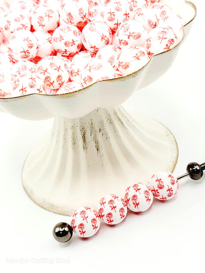 15mm Printed Red Rose Garden Print Silicone Bead – 15mm Valentine’s Day Floral Beads for Pens & Wristlets