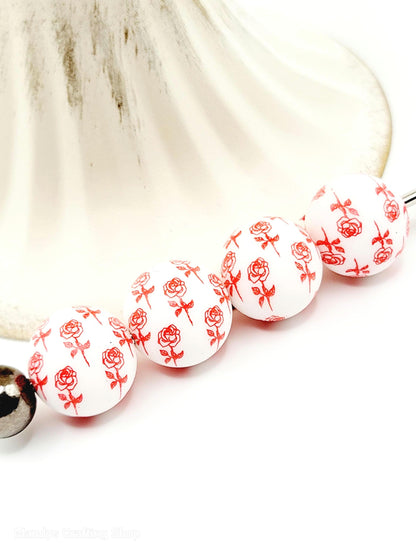 15mm Printed Red Rose Garden Print Silicone Bead – 15mm Valentine’s Day Floral Beads for Pens & Wristlets