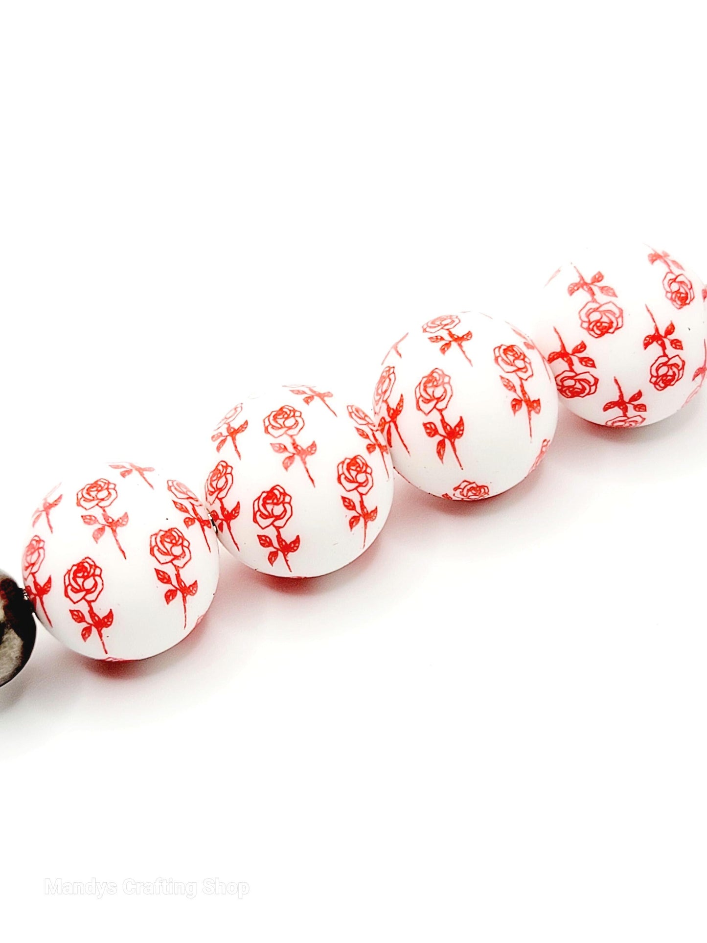 15mm Printed Red Rose Garden Print Silicone Bead – 15mm Valentine’s Day Floral Beads for Pens & Wristlets