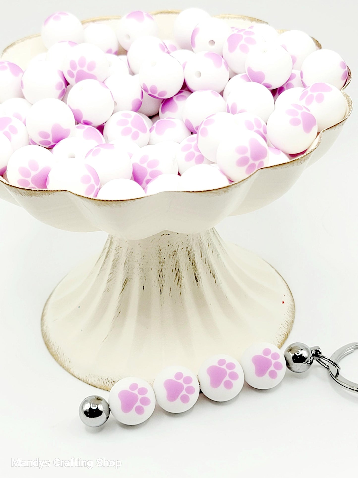 15mm Printed White & Lilac Purple Paw Print Silicone Beads – Round Paw Beads for Pens & Wristlets