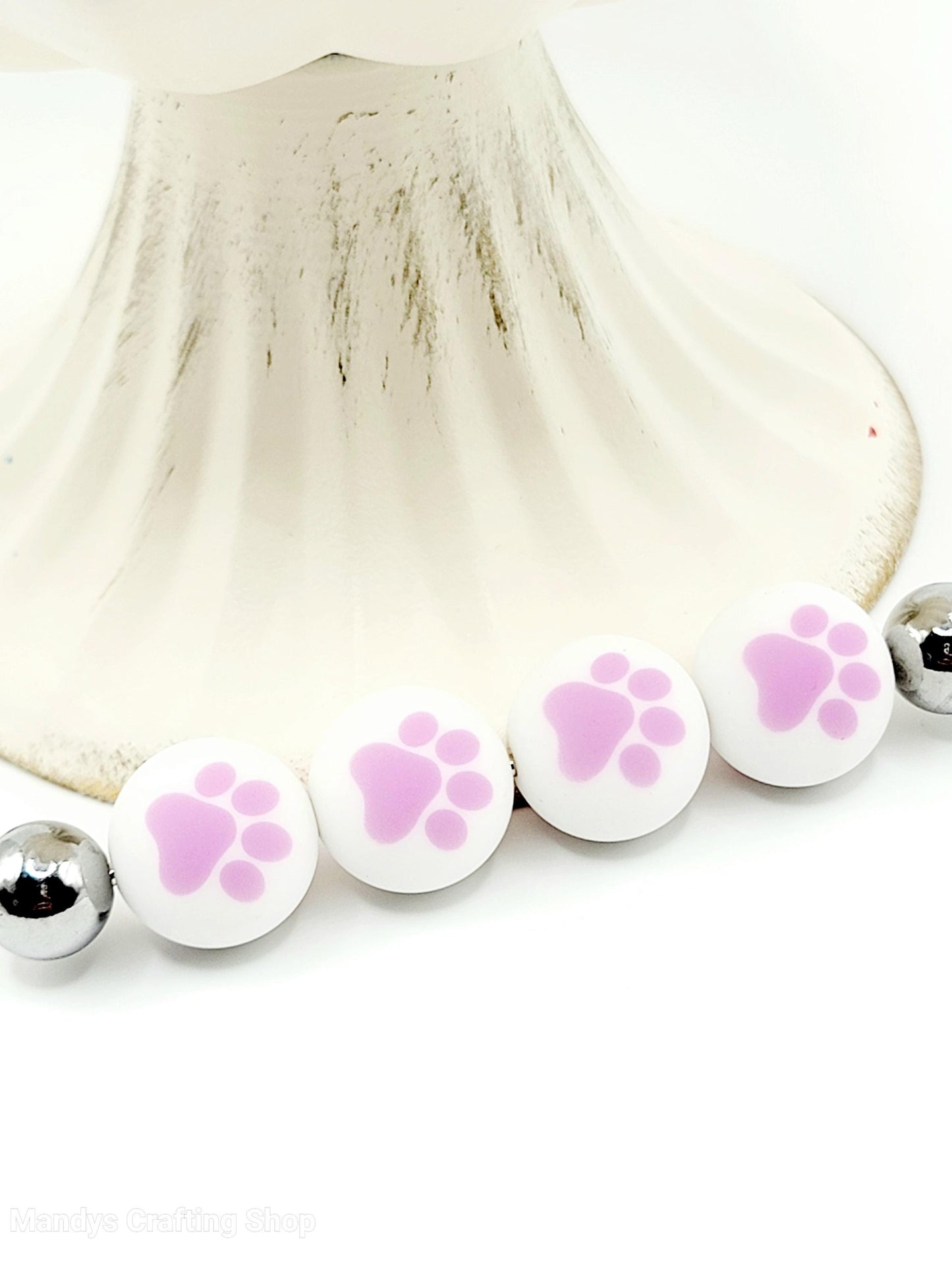 15mm Printed White & Lilac Purple Paw Print Silicone Beads – Round Paw Beads for Pens & Wristlets