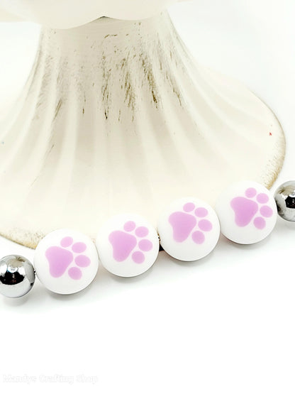 15mm Printed White & Lilac Purple Paw Print Silicone Beads – Round Paw Beads for Pens & Wristlets