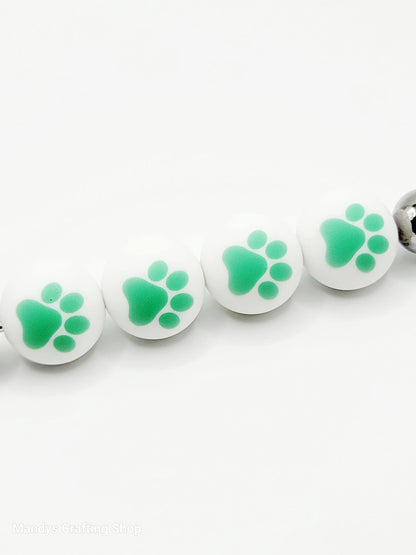 15mm Printed White & Mint Green Paw Print Silicone Beads – Pet Paw Print Theme Beads for Pens & Wristlets
