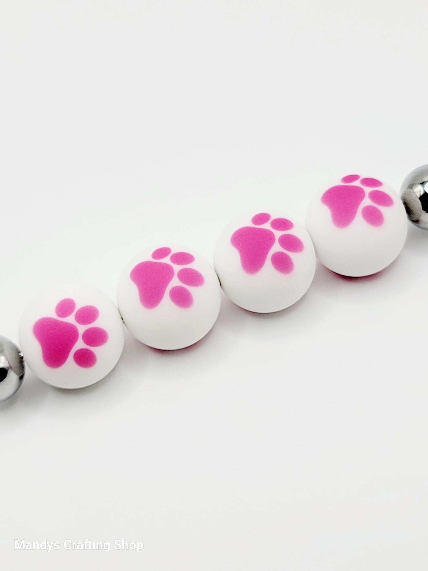 15mm Printed White & Pink Paw Print Silicone Beads – Pet Paw Print Beads for Pens & Wristlets