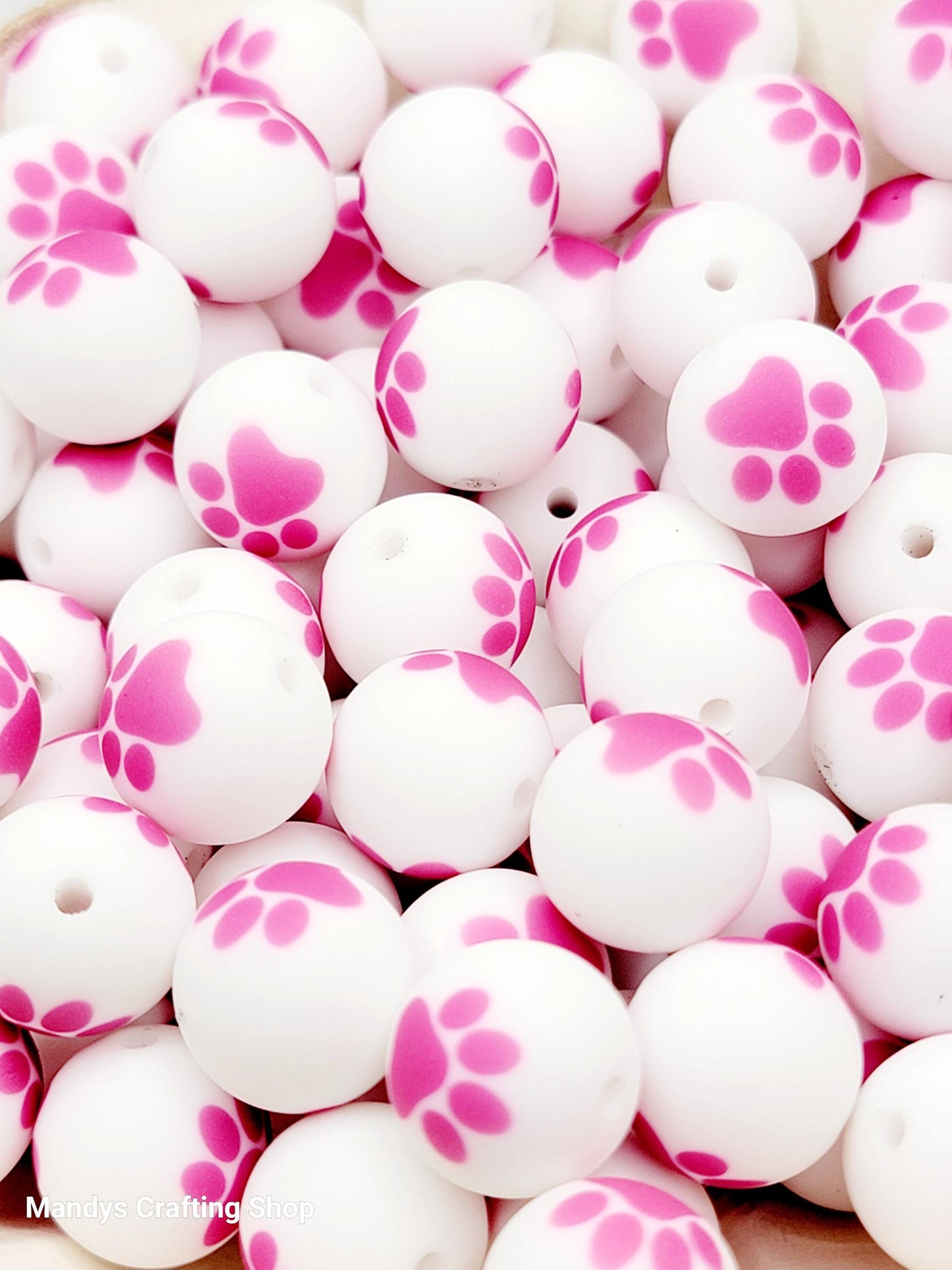 15mm Printed White & Pink Paw Print Silicone Beads – Pet Paw Print Beads for Pens & Wristlets