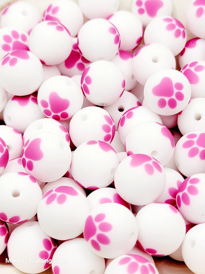 15mm Printed White & Pink Paw Print Silicone Beads – Pet Paw Print Beads for Pens & Wristlets