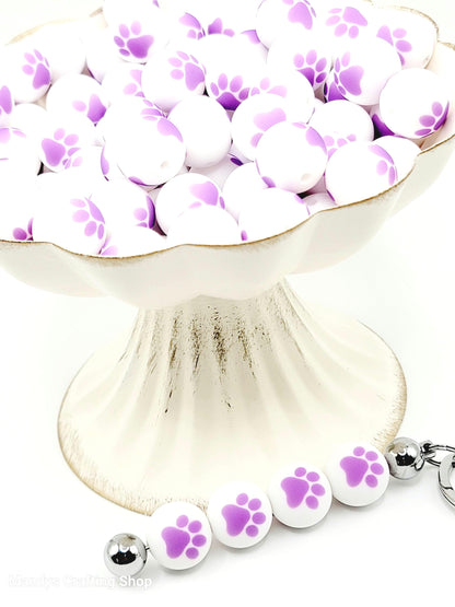15mm Printed White & Purple Paw Print Silicone Beads – Paw Print Round Pet Beads for Pens & Wristlets