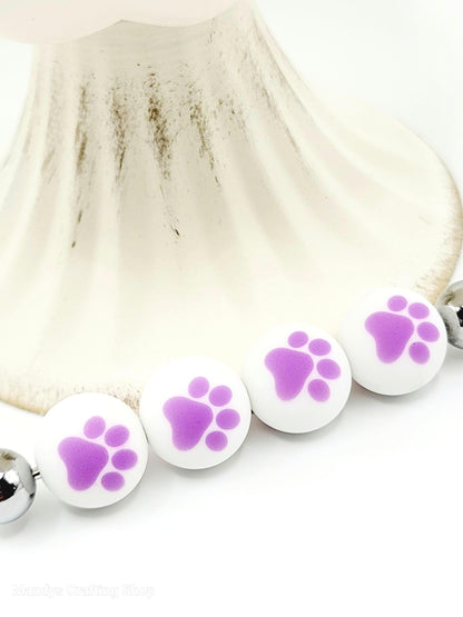 15mm Printed White & Purple Paw Print Silicone Beads – Paw Print Round Pet Beads for Pens & Wristlets