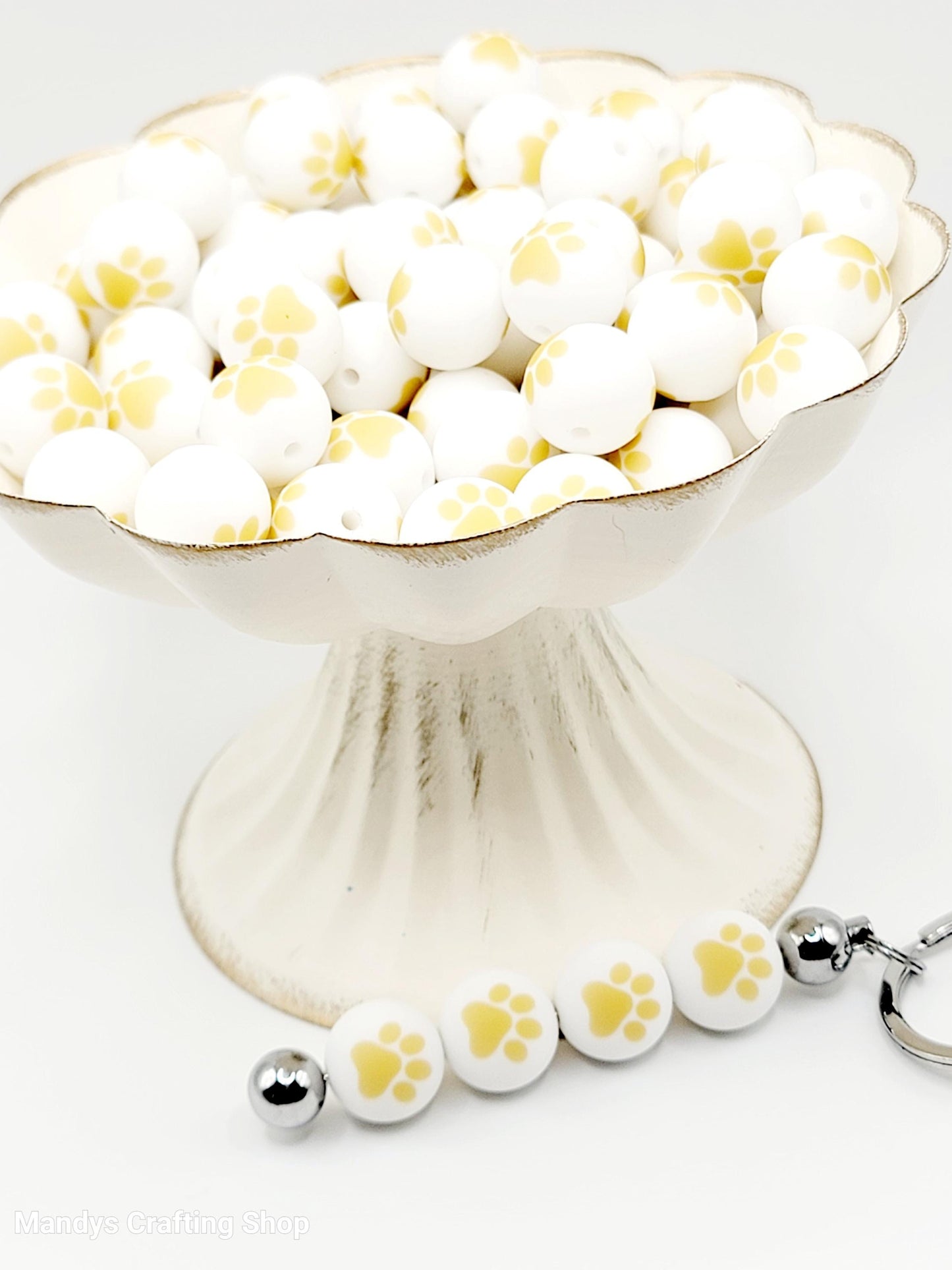 15mm Printed White & Khaki Beige Paw Print Silicone Beads – Pet Paw Print Theme Beads for Pens & Wristlets