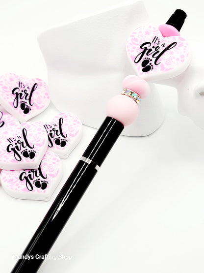 It’s a Girl Heart Focal Bead – Pink Baby Shower Printed Silicone Pen & Keychain Bead (Set of 2)