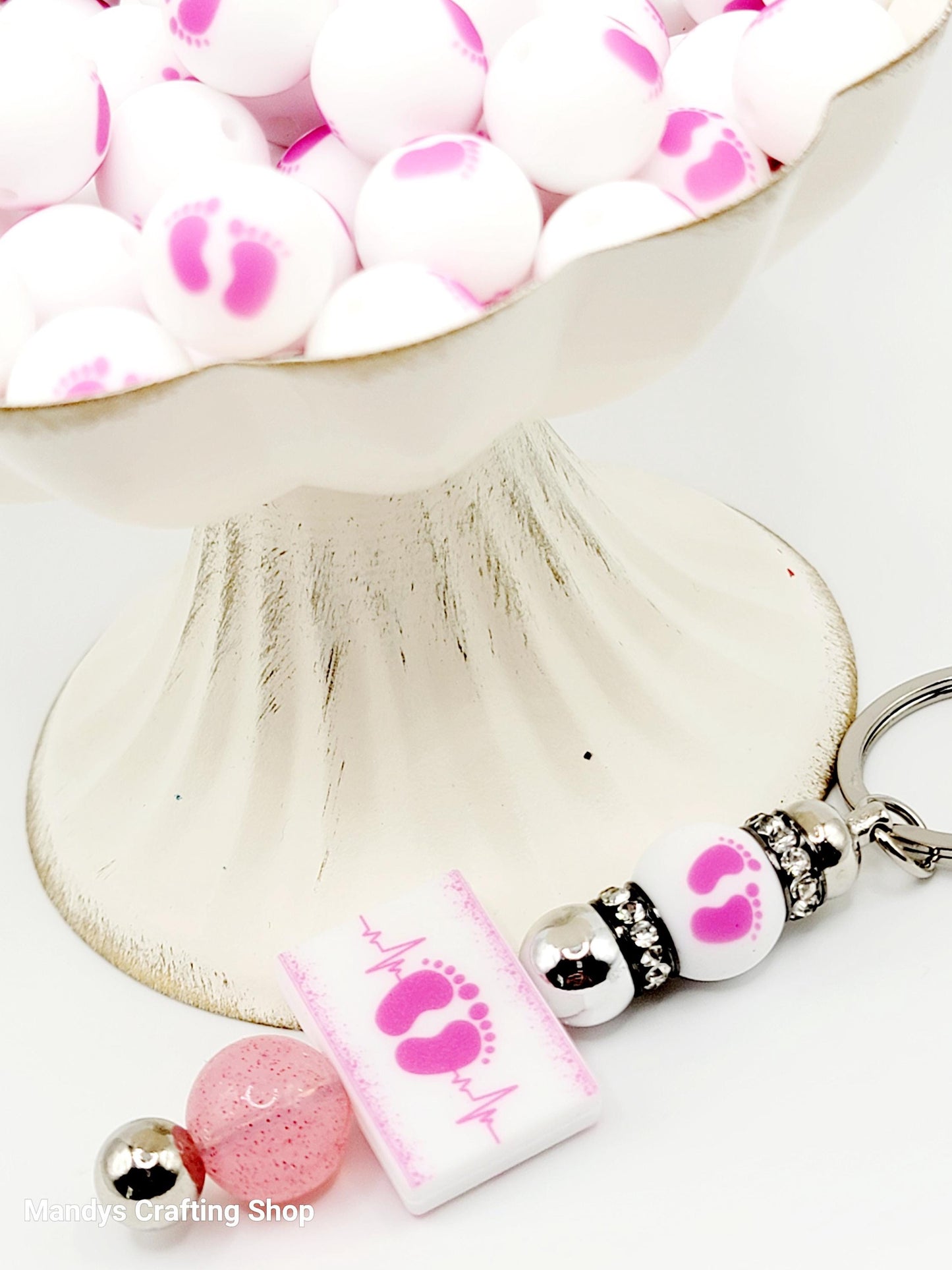 15mm Printed Pink & White Baby Footprint Silicone Bead – “It’s A Girl” Baby Shower Beads for Pens & Keychains