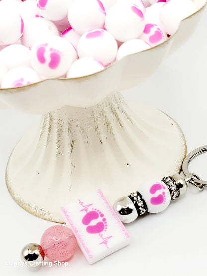 15mm Printed Pink & White Baby Footprint Silicone Bead – “It’s A Girl” Baby Shower Beads for Pens & Keychains