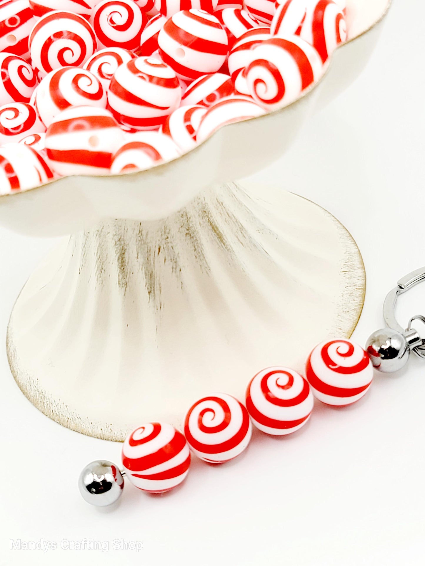 15mm Printed Red & White Swirl Print Silicone Beads – Christmas Round Beads for Pens & Wristlets
